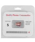 Top Shelf 5pcs Copper Plasma Torch Nozzles High Performance Consumables For Cutting Machine Made Of Premium Metal For Stainless Steel And Iron Works - package displaying copper nozzle tips.