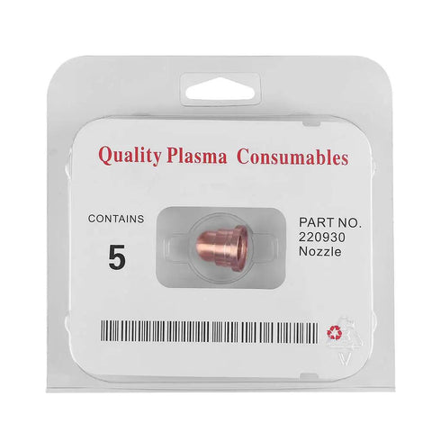 Top Shelf 5pcs Copper Plasma Torch Nozzles High Performance Consumables For Cutting Machine Made Of Premium Metal For Stainless Steel And Iron Works - package displaying copper nozzle tips.