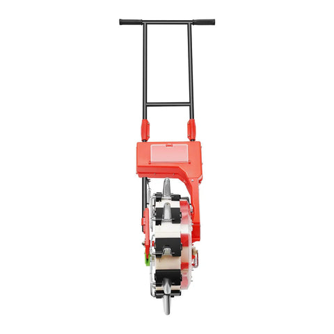 Front view of 10 Nozzle Hand Pushed Seeder With 8.27 Pounds Seed Storage Box Adjustable Sowing Quantity And Depth Wheeled Planter.