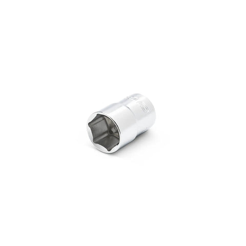 Single socket from 12 Piece 1/4 Inch Drive 6 Point Stubby Metric Socket Set With Low Profile Design, chrome finish visible