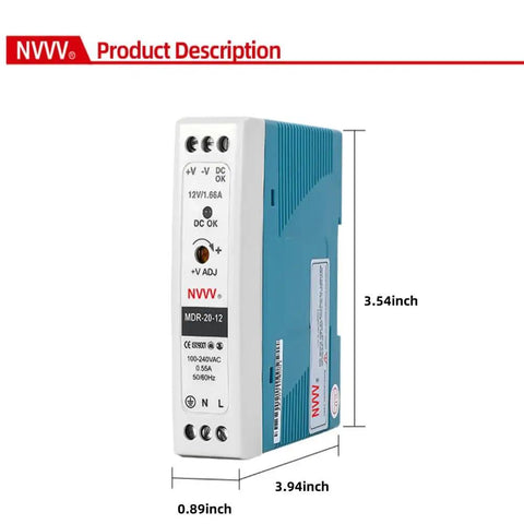 12V DC DIN Rail Power Supply 1.67 Amp 20W AC To DC Converter For Industrial Panels 85 To 264 VAC Input Durable Plug And Play Utility For Control Boxes, compact white-blue module