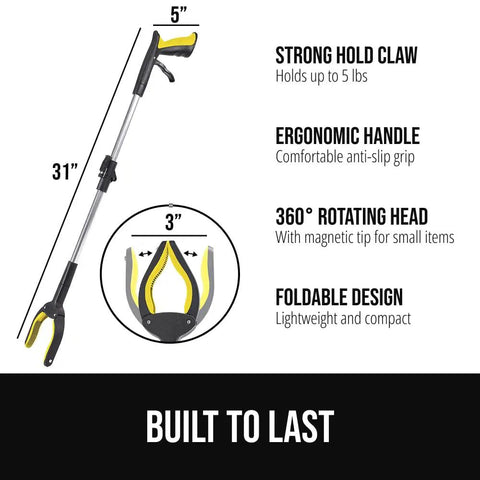 Heavy Duty Rubber Lined Claw Grabber Reacher Tool, 2 Pack, Ergonomic Anti Slip for Seniors, 360 Degree Rotating Head, Foldable Trash Picker, Handicap Helper, Yellow