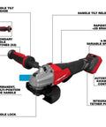 Heavy Duty Ripping Variable Speed Angle Grinder Featuring Brushless Powerhouse Motor, showing features like handle tilt release and variable speed.