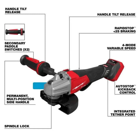 Heavy Duty Ripping Variable Speed Angle Grinder Featuring Brushless Powerhouse Motor, showing features like handle tilt release and variable speed.