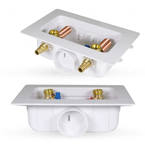 Heavy Duty ABS One Piece Washer Box With Brass Water Hammer Arrestor, Center Drain, And Half Inch PEX Expansion Connection