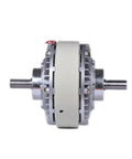 Dual-shaft 24VDC magnetic powder brake (LZ-PC-5KG), 150N torque, metal housing with beige center band