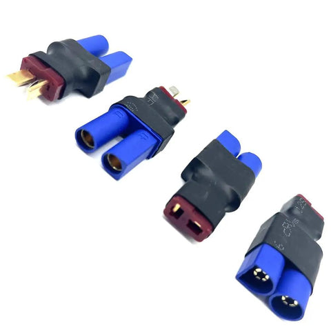 2 Pairs EC5 To T Plug Adapters For RC Cars Trucks Planes Boats And LiPo Battery Chargers EC5 Male To T Plug Female And T Plug Male To EC5 Female Connector Set Easy Fit showing connectors in blue and red