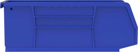 Single blue heavy duty stackable plastic storage bin, side view, 11x4x4 inches, part of 12-pack, holds up to 20 pounds, ideal for organization.