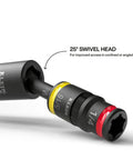 Impact Flip Socket Set With Swivel Adapter, 25° swivel head, 1/4 and 5/16 inch flip sockets, black, close-up view.
