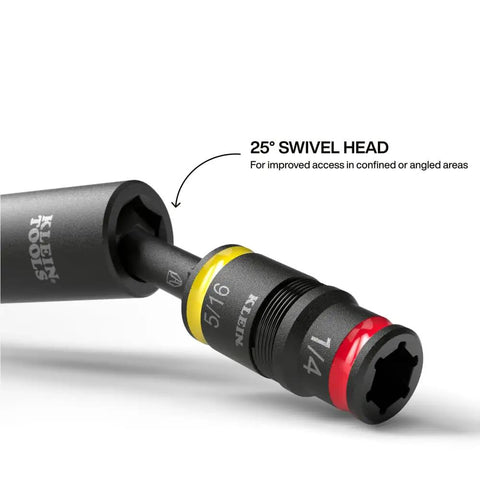 Impact Flip Socket Set With Swivel Adapter, 25° swivel head, 1/4 and 5/16 inch flip sockets, black, close-up view.