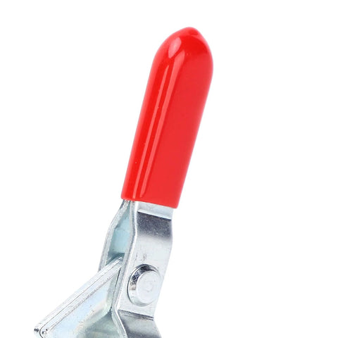 Close-up of red handle on Two Pack Welding Toggle Clamp Set With Quick Release Latch And Hold Down Features, Heavy Duty Clamp For Woodworking Jigs And Fixtures, GH 102 B Horizontal Fixture Elbow Compressor For Secure, Precise Assembly And Repeated Use.