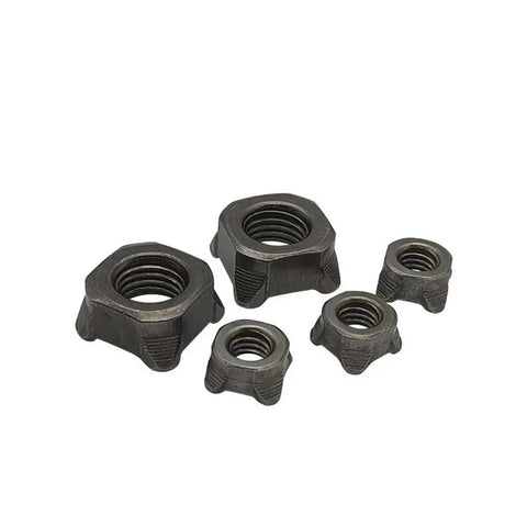 Five Piece Set Heavy Duty Carbon Steel Square Weld Nuts M12 in various sizes for industrial use and custom rigs.