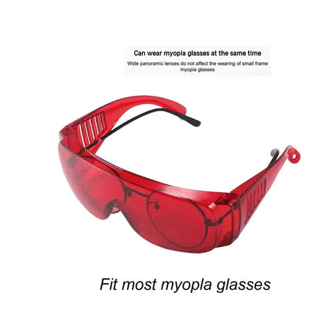 Anti Fog Dental Safety Glasses Ultra Lightweight Protective Eye Shields For Teeth Whitening Lights And Lab Work Fits Over Prescription Frames No Sweat Ventilation Built Tough For Range And Workshop Sweet Spot Comfort Red lens with panoramic design.