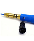 Check Out This Killer MIG Welder Gun That Totally Fits Your Miller Multimatic Millermatic And Comes Loaded With Tips Nozzle Plus Diffuser In 15 Foot Length Perfect For Smooth AccuLock MDX-100 Jobs You Got - close-up of blue handle and brass nozzle.