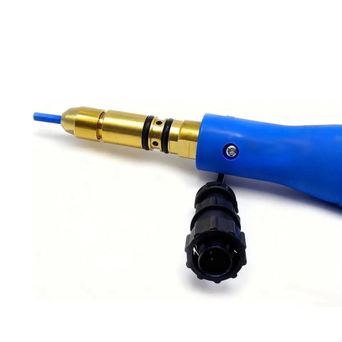 Check Out This Killer MIG Welder Gun That Totally Fits Your Miller Multimatic Millermatic And Comes Loaded With Tips Nozzle Plus Diffuser In 15 Foot Length Perfect For Smooth AccuLock MDX-100 Jobs You Got - close-up of blue handle and brass nozzle.