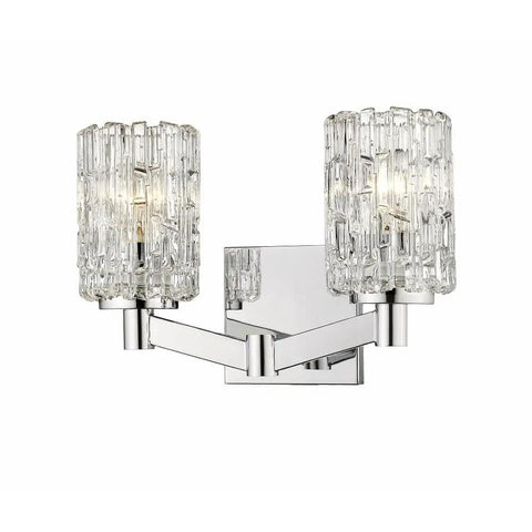 Two Light Vanity Fixture With Crystal Glass Shades In Chrome Finish Modern Luxe Bath Light displaying dual crystal shades