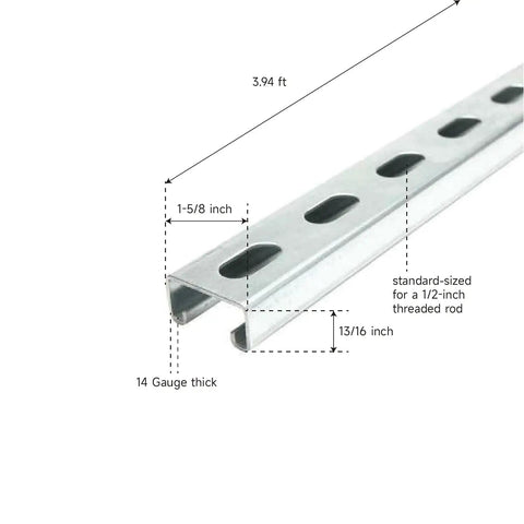 Heavy Duty Metal Strut Channel Kit 1-5/8 x 13/16 Inch 14 Gauge Slotted Back 47-1/4 Inch Length Electro-Galvanized Silver