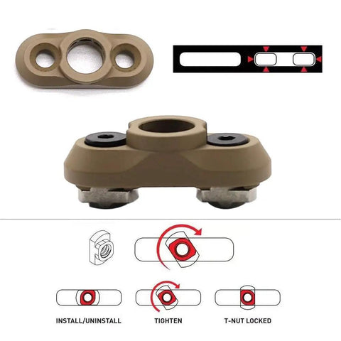 Rock Solid QD Sling Swivel And M System Rail Adapter, tan aluminum, 1.25 inch quick detach fitment, top view with installation guide.