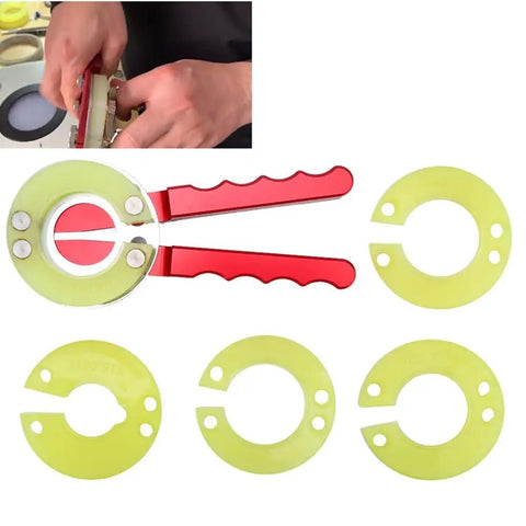 5 Piece Bezel Opener Tool Kit For Watches with Precision Gear Ring Opener, rubber handles, five yellow gear rings.