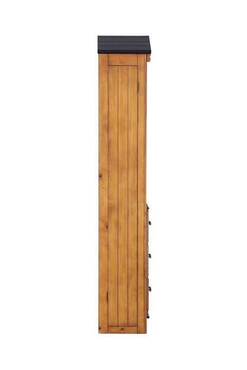 Straight Up Solid Rustic Oak Tree House Bookcase With Hand Brushed Sandy Black Finish and Vintage Wall Clock Mirror Set crafted for bedroom storage, side view.