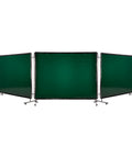 Front view of Six By Eight Foot 3-Panel Welding Screen With Frame, Flame-Resistant Vinyl Safety Curtain, 12 Wheels, Dark Green.