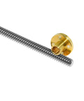 Side view of stainless steel threaded rod with brass nut for 3D printers, part of 2 Pack Lead Screws With Nuts For Motors Stainless Steel.