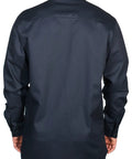 Back view of Built For Welders And Linemen Flame Resistant Button Up Work Shirt Navy 6.6oz 100 Percent FR Cotton Long Sleeve Size Large