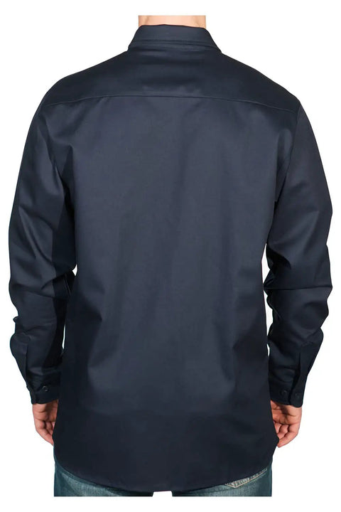 Back view of Built For Welders And Linemen Flame Resistant Button Up Work Shirt Navy 6.6oz 100 Percent FR Cotton Long Sleeve Size Large