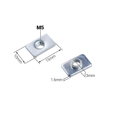 Beefy Zinc Plated Tee T Nuts M5 for 20 Series V Slot Aluminum Profiles, showing dimensions 15mm x 10mm, hole size 3mm