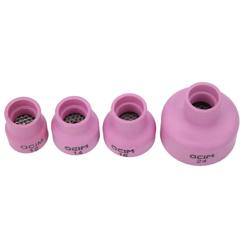 Professional Grade Alumina Welding Cup Set With Ceramic Torch Kit For Industrial Supplies And TIG Enthusiasts Featuring Easy User-Friendly Installation And Superior Durability To Supercharge Your Fabrication Game Today, showing four alumina ceramic cups in sizes 12 to 24.