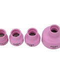 Professional Grade Alumina Welding Cup Set With Ceramic Torch Kit For Industrial Supplies And TIG Enthusiasts Featuring Easy User-Friendly Installation And Superior Durability To Supercharge Your Fabrication Game Today, pink TIG welding cups in sizes 12, 14, 16, and 24.
