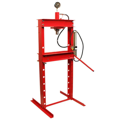 Heavy Duty 20 Ton Air Hydraulic Floor Shop Press With Bulky H Style Frame And Wide 22 Inch Work Base Plus Fast Ram Moves Built Solid.