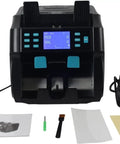 Heavy Duty Dual Pocket Money Counter Machine And Certified Fake Bill Detector With Smooth Multi Currency Sorting And Rapid Serial Scanning No Sweat Cash Sorter with display, manual, and accessories.