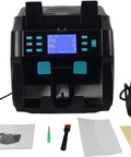 Top Shelf Money Counter Machine And Straight Up Fake Bill Detector Featuring Dual Pockets For Mixed Bills Global Currency Support Hassle Free Anti Counterfeit Gray Cash Sorter displayed with manual and accessories.