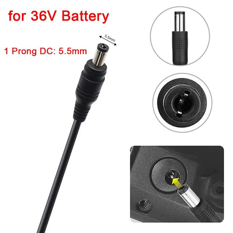 Fast 42V 2A Smart Charger For 36V Scooter Lithium Battery with 5.5mm connector details, black cable with circular plug end.