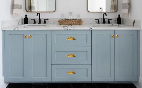 Hard-As-Nails 10 Pack Antique Brass Cabinet Cup Pulls With 3 Inch Hole Center For Vintage Kitchen Drawers And Bathroom Vanities Heavy Duty zinc alloy handles on blue bathroom cabinetry.