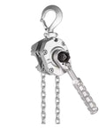 One Ton Aluminum Lever Hoist With Portable Chain Lifting Tackle Made For Light Job Site Work Featuring Rugged Alloy Build and Easy Grip Handle.