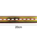 Front view of 200mm long, 35mm wide, 7.5mm high galvanized steel slotted DIN rail with measurement, pro grade industrial guide rail.