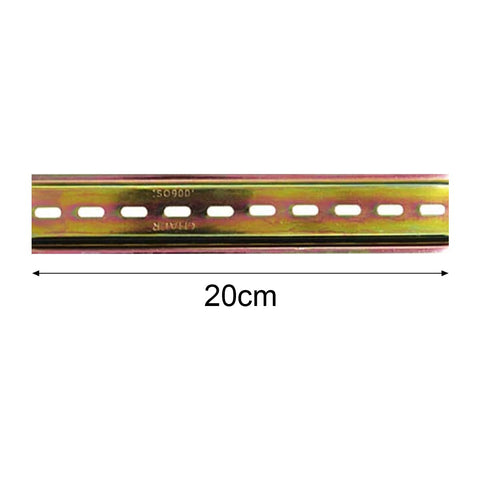 Front view of 200mm long, 35mm wide, 7.5mm high galvanized steel slotted DIN rail with measurement, pro grade industrial guide rail.