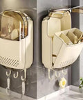 Wall Mount Utensil Holder With Lid and Drainage No Drill Easy Install Strong Load Bearing Storage Box Transparent Dustproof Cover Beige Organizer For Kitchen And Bathroom