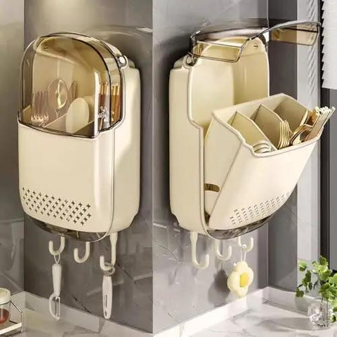 Wall Mount Utensil Holder With Lid and Drainage No Drill Easy Install Strong Load Bearing Storage Box Transparent Dustproof Cover Beige Organizer For Kitchen And Bathroom