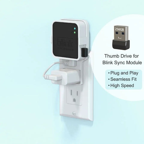 256GB USB Flash Drive With Outlet Wall Mount For Sync Module 2 shown plugged into wall with thumb drive