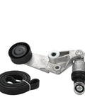 Thinking Process: serpentine drive belt tensioner pulley kit with black belt and metal bracket for car engine