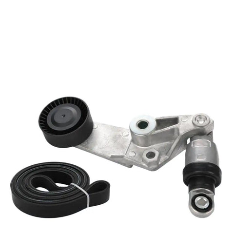 Thinking Process: serpentine drive belt tensioner pulley kit with black belt and metal bracket for car engine
