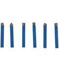 Front view: six blue 1/4-in carbide-tipped lathe cutter tools with varied tips