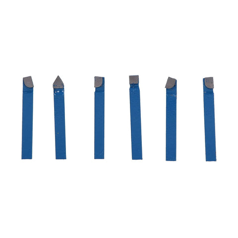 Front view: six blue 1/4-in carbide-tipped lathe cutter tools with varied tips