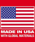 American flag graphic with text 'MADE IN USA WITH GLOBAL MATERIALS' on red background to emphasize product origin.