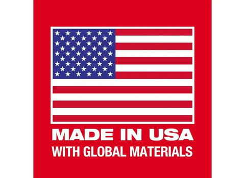American flag graphic with text 'MADE IN USA WITH GLOBAL MATERIALS' on red background to emphasize product origin.