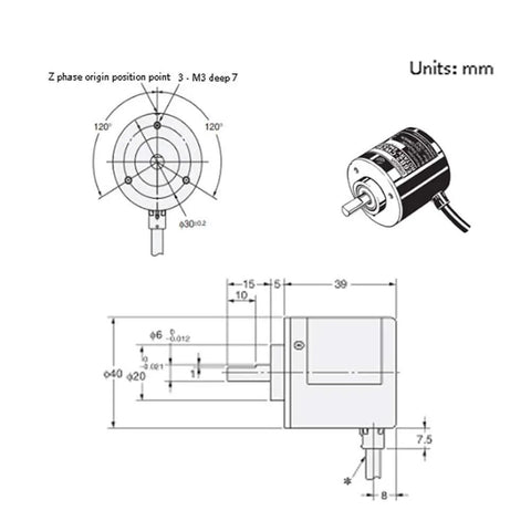 Technical diagram and side view of Rock Solid 1024 Pulse Per Revolution Rotary Encoder E6B2 CWZ6C 5 To 24V DC With A B Z Outputs.