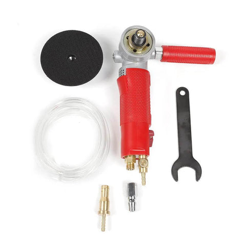 4-inch water-jet pneumatic grinder with red grip, polishing disc, clear hose, and brass fittings